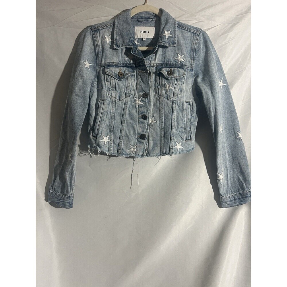 PISTOLA Denim Jacket Frayed Raw Hem Star Boho Indie Festival Women's Size XS